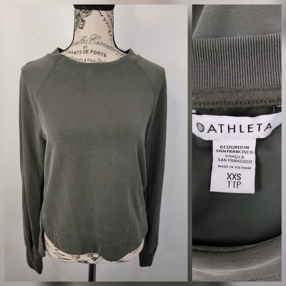 Athleta Seasoft Crewneck Sweatshirt SZ XXS Aspen Olive Green Quiet Luxury Luxe - Picture 1 of 11